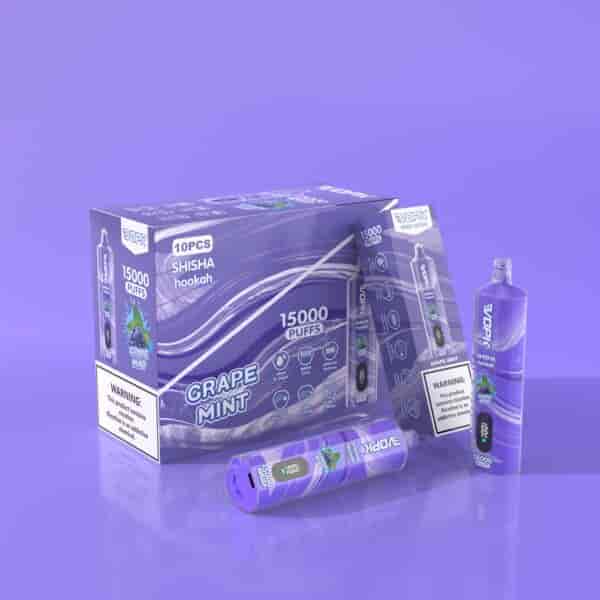 Grape Mint shisha hookah packaging featuring 15000 puffs, 10-piece box, and individual vape devices displayed on a purple background.