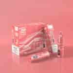 A red packaging design for a shisha hookah product featuring "Juicy Peaches" flavor, highlighting 15,000 puffs, with individual units and a warning label about nicotine addiction.