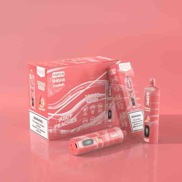 A red packaging design for a shisha hookah product featuring "Juicy Peaches" flavor, highlighting 15,000 puffs, with individual units and a warning label about nicotine addiction.