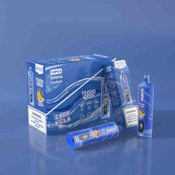 Blue packaging of "Lady Killa" shisha hookah with 15,000 puffs, showing a device and box design, along with product features and warning labels.