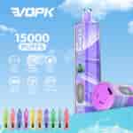 VOPK 15000 puffs disposable vape with grape mint flavor, featuring a digital display, adjustable airflow, 20ml e-liquid capacity, 600mAh battery, Type-C charging, and mesh coil, displayed with various colorful options against a blue sky background.