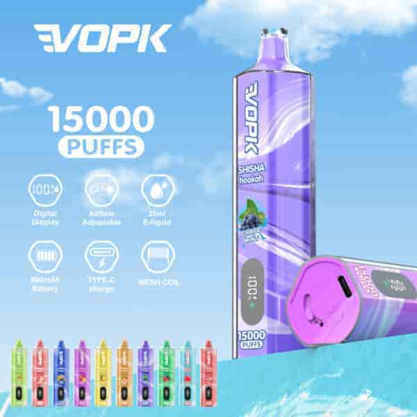 VOPK 15000 puffs disposable vape with grape mint flavor, featuring a digital display, adjustable airflow, 20ml e-liquid capacity, 600mAh battery, Type-C charging, and mesh coil, displayed with various colorful options against a blue sky background.