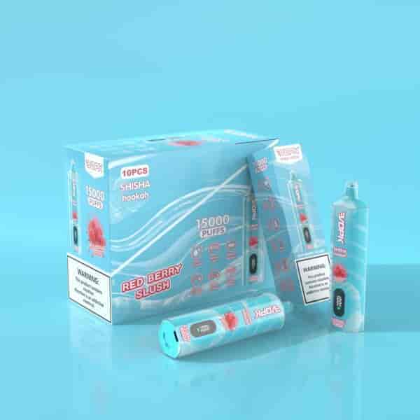 Blue packaging for a shisha hookah product labeled "Red Berry Slush" with 15,000 puffs, featuring individual vape devices and a warning about nicotine being an addictive chemical.
