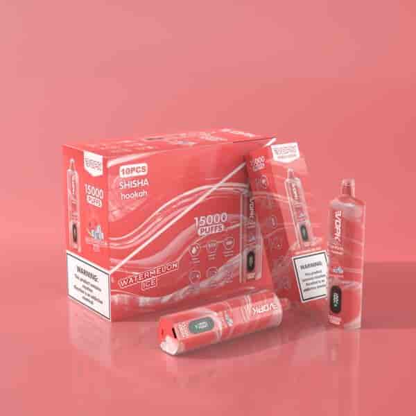 Red packaging of disposable shisha hookah labeled "Watermelon Ice" with 15,000 puffs, featuring product details and a warning about nicotine.