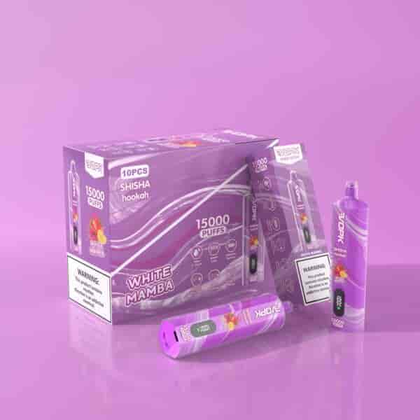 A purple VOPK White Mamba vape box featuring 10 disposable vapes, labeled with 15000 puffs and shisha hookah flavor, displayed with warning labels and one vape positioned outside the box.