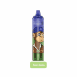 A disposable vape device with a pirate-themed monkey design and "Sour Apple" flavor label.