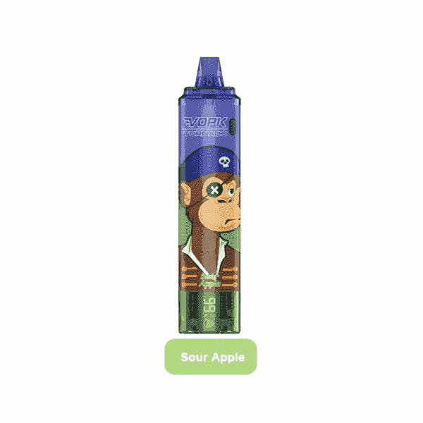A disposable vape device with a pirate-themed monkey design and "Sour Apple" flavor label.