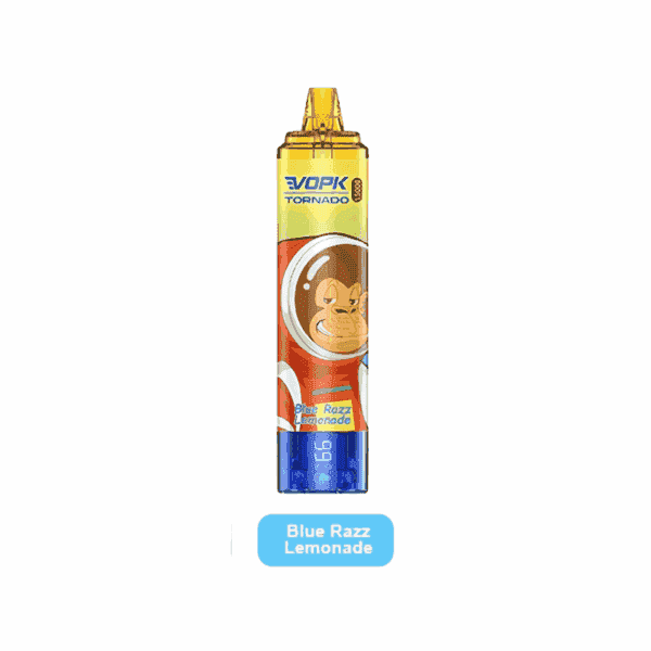 A colorful disposable vape device labeled "EVOPK Tornado" with a monkey astronaut design and "Blue Razz Lemonade" flavor text.