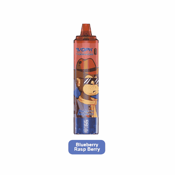 Vape device featuring a cartoon monkey design, labeled "Blueberry Rasp Berry" flavor.