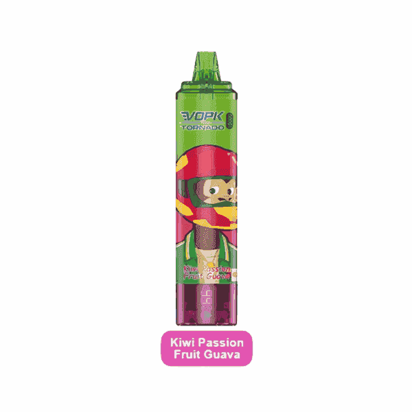 A green VOPK Tornado disposable vape with a cartoon monkey wearing a red helmet and the flavor labeled as Kiwi Passion Fruit Guava.