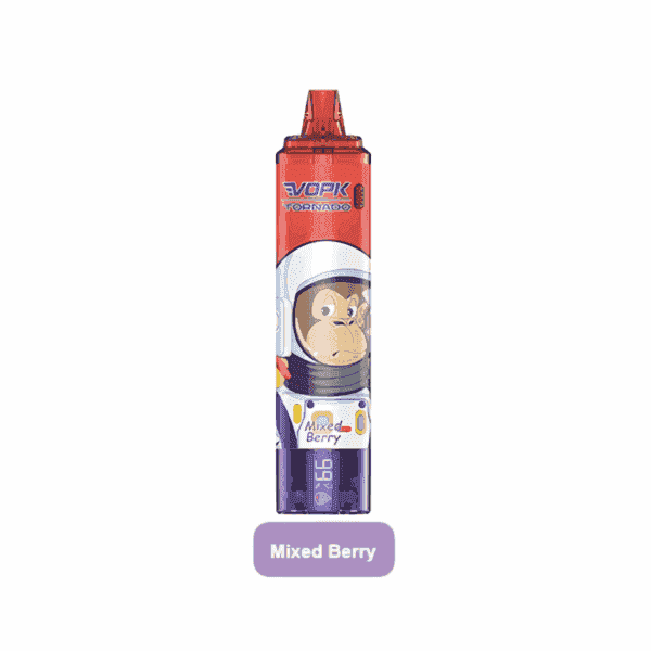 EVOPK Tornado vape device with a mixed berry flavor, featuring a cartoon astronaut design on the red and purple body.