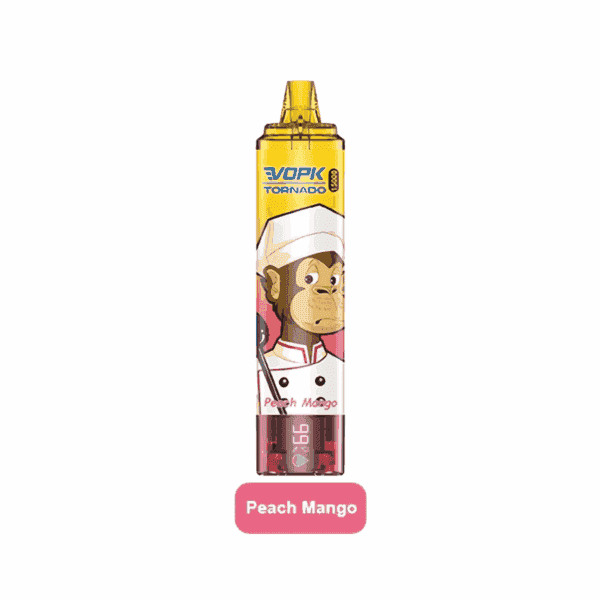 "Vape device with a monkey chef design, labeled 'Peach Mango.'"