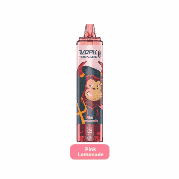 Pink lemonade flavored EVOK Tornado vape with a cartoon devil design.