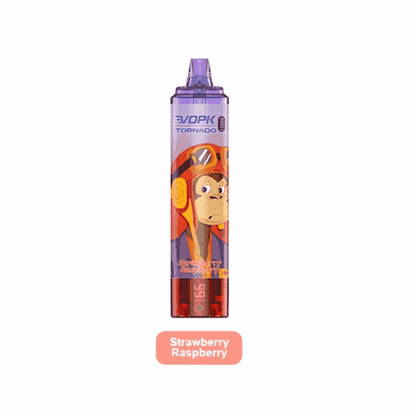 A disposable vape device with a cartoon monkey design, labeled "EVOPK Tornado" and "Strawberry Raspberry" flavor.