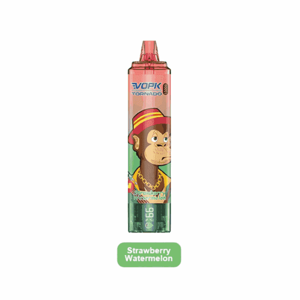 A red VOPK Tornado disposable vape with a cartoon monkey wearing a red hat and gold chain, labeled with the flavor Strawberry Watermelon.