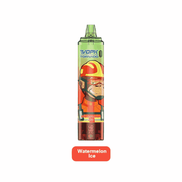 A green and red disposable vape device labeled "Vopk Tornado" with a cartoon monkey wearing a helmet and the flavor "Watermelon Ice" indicated.