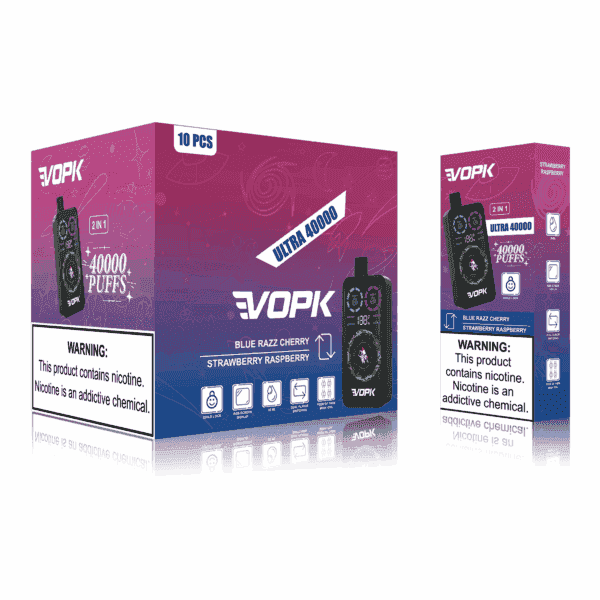 Packaging for VOPK disposable vape, featuring "Ultra 40000" puffs, flavors "Blue Razz Cherry" and "Strawberry Raspberry," with warning label stating nicotine is an addictive chemical.