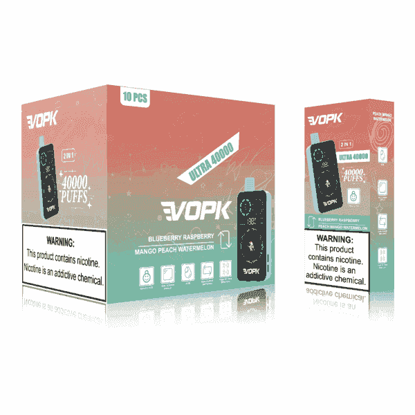 Packaging design for VOPK Ultra 40000 disposable vape, featuring a colorful gradient background, product images, flavor options (Blueberry Raspberry and Mango Peach Watermelon), "40000 puffs" text, and a nicotine warning label.