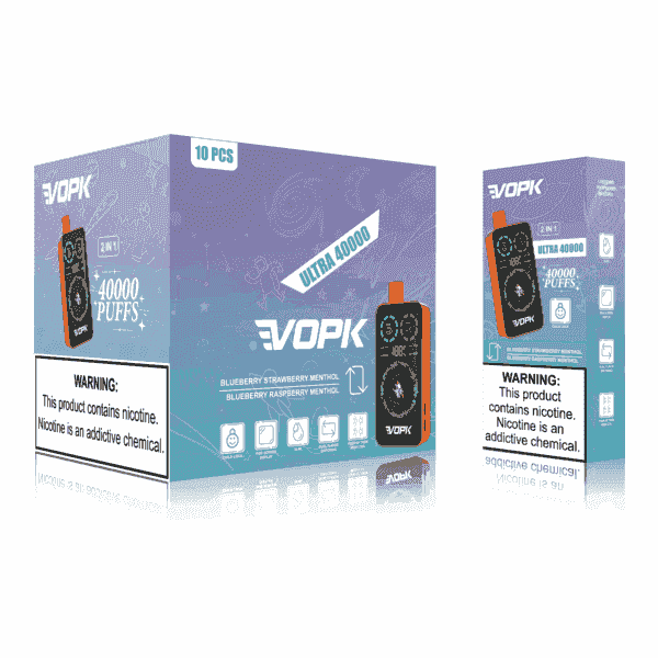 Packaging for VOPK vaping product featuring "Ultra 40000" puffs, flavors including blueberry strawberry menthol and blueberry raspberry menthol, with a nicotine warning label stating "Nicotine is an addictive chemical."