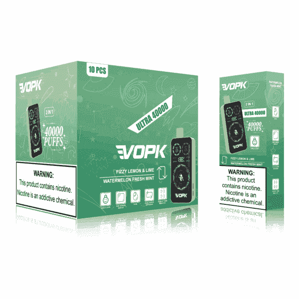 Packaging of VOPK Ultra 40000 disposable vape featuring flavors Fizzy Lemon & Lime and Watermelon Fresh Mint, with product details, 40000 puffs label, and nicotine warning prominently displayed.