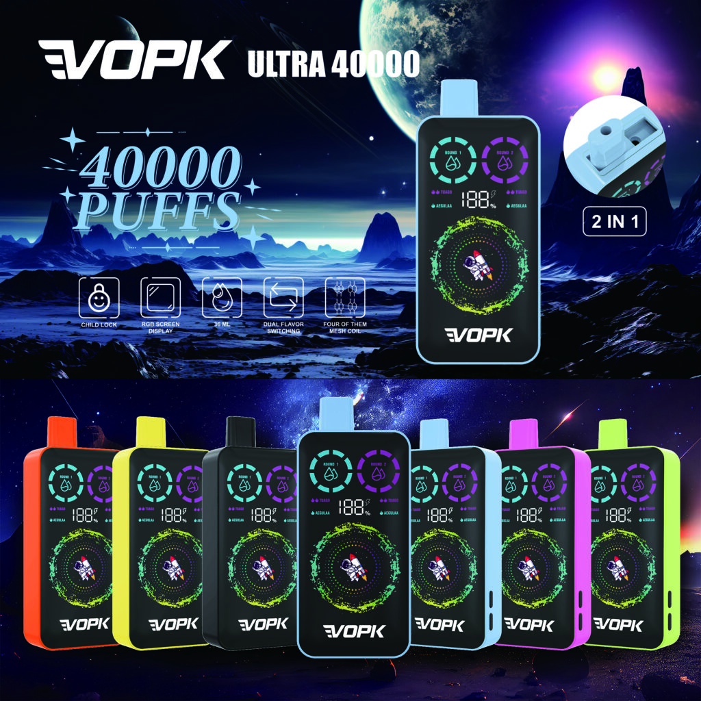 A vibrant display showcasing a range of colorful vaping devices labeled "VOPK ULTRA 40000," featuring a sci-fi background with planets and stars. The devices feature a digital screen, highlighted features such as "40000 PUFFS" and "2 IN 1," and various color options including red, yellow, green, blue, and black.