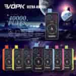 A vibrant display showcasing a range of colorful vaping devices labeled "VOPK ULTRA 40000," featuring a sci-fi background with planets and stars. The devices feature a digital screen, highlighted features such as "40000 PUFFS" and "2 IN 1," and various color options including red, yellow, green, blue, and black.