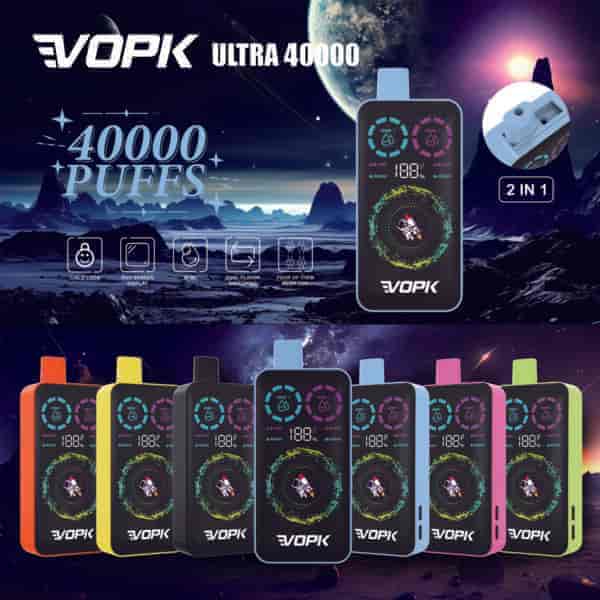 A vibrant display showcasing a range of colorful vaping devices labeled "VOPK ULTRA 40000," featuring a sci-fi background with planets and stars. The devices feature a digital screen, highlighted features such as "40000 PUFFS" and "2 IN 1," and various color options including red, yellow, green, blue, and black.