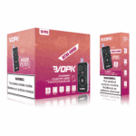 Packaging design for VOPK Ultra 40000 vape device, featuring "Strawberry Cranberry Cherry" and "Pineapple Passion Lime" flavors, with icons for features like 40,000 puffs, 2-in-1 functionality, and child lock, alongside a nicotine warning label.