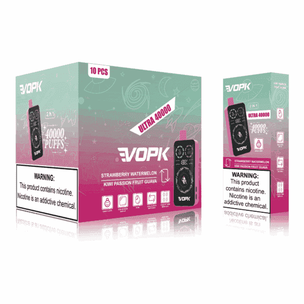 Packaging design for VOPK Ultra 40000 puffs disposable vape featuring flavors Strawberry Watermelon and Kiwi Passion Fruit Guava, with product warnings about nicotine addiction.