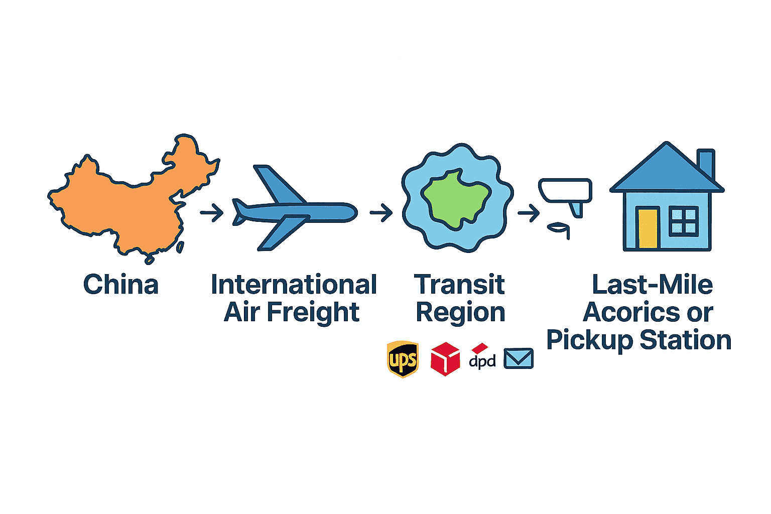 China → Internationale Luftfracht → Transitregion → Last-Mile Carrier Delivery → Kundenadresse oder Paketstation