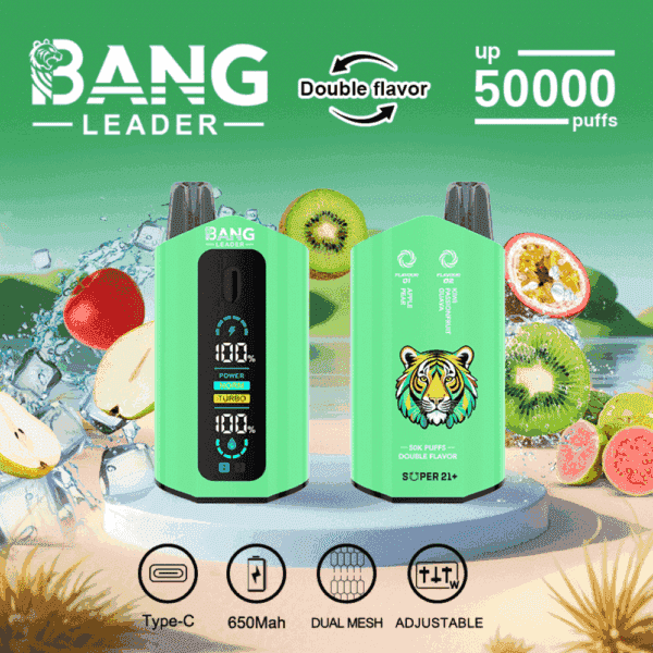 Bang Leader vape-enhet med en digital display och tigerlogotyp, omgiven av stänkande frukt inklusive kiwi, äpple, körsbär, guava och vattendroppar, som framhäver funktioner som dubbel smak, 50 000 bloss, Type-C-laddning, 650 mAh batteri, dubbla mesh och justerbara inställningar.