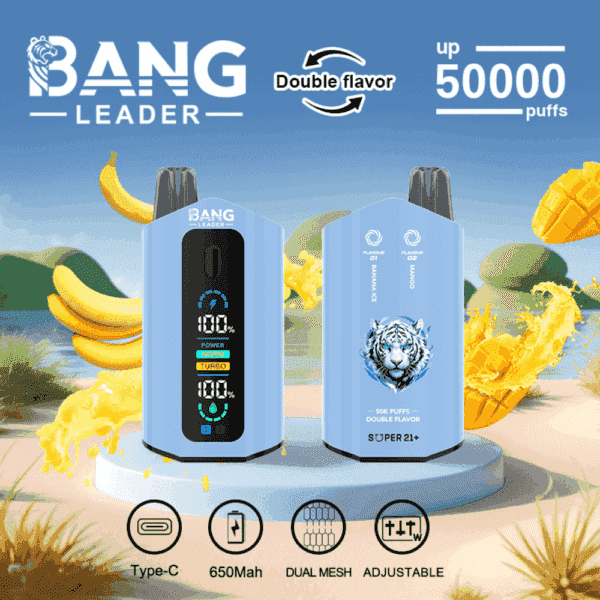 Två blå Bang Leader vape-enheter med digitala displayer och en tigerillustration, med dubbel smak, upp till 50 000 bloss och ikoner för Type-C-laddning, 650mAh batteri, dubbla mesh och justerbara inställningar, med bananer och mango i bakgrunden.
