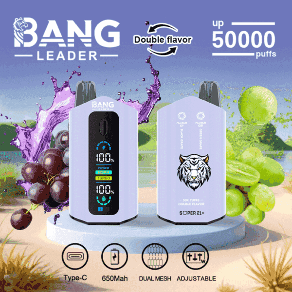 Annons för BANG LEADER vape-enhet med en bildskärm, ett alternativ med dubbla smaker (svart druva och grön druva), upp till 50 000 bloss, och ikoner för Type-C-laddning, 650 mAh batteri, dubbel mesh-spole och justerbara inställningar, med druvor och druvjuicestänk i bakgrunden.