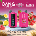 Kampanjbild som visar två rosa Bang Leader vape-enheter med digitala skärmar, omgivna av illustrerade citroner, hallon och jordgubbar, med betoning på dubbel smak, upp till 50 000 puffar och funktioner som Type-C-laddning, 650 mAh batteri, dubbla mesh och justerbara inställningar.
