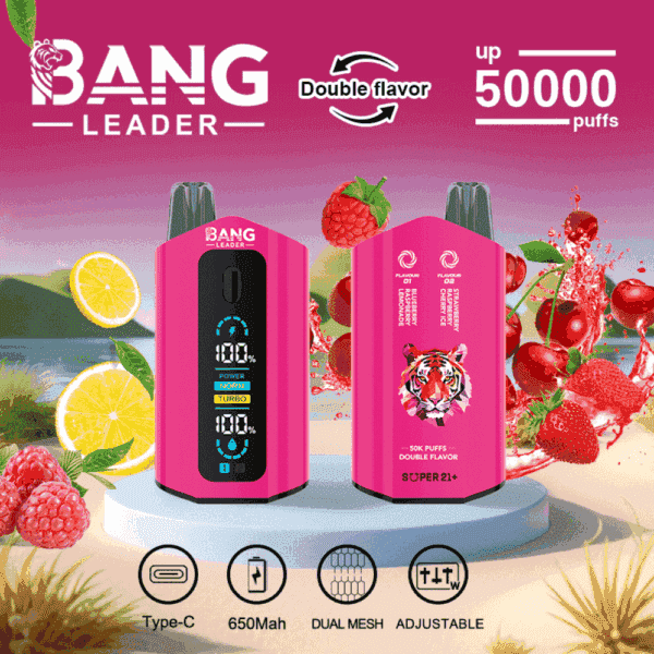 Kampanjbild som visar två rosa Bang Leader vape-enheter med digitala skärmar, omgivna av illustrerade citroner, hallon och jordgubbar, med betoning på dubbel smak, upp till 50 000 puffar och funktioner som Type-C-laddning, 650 mAh batteri, dubbla mesh och justerbara inställningar.