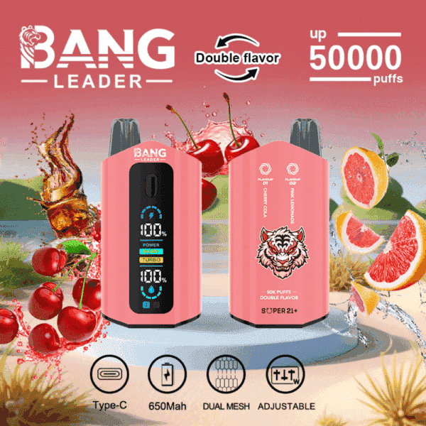 Kampanjbild för Bang Leader engångsvape med två rosa enheter, körsbärs- och grapefruktbilder, produktspecifikationer och en tigerlogotyp, som framhäver dubbel smak och upp till 50 000 puffar.