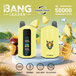Två gula Bang Leader vape-enheter med digitala displayer, omgivna av bilder av mango, ananas, isbitar och tropiska stänk, som framhäver funktioner som dubbel smak, upp till 50 000 bloss, Type-C-laddning, 650 mAh batteri, dubbla mesh och justerbara inställningar.
