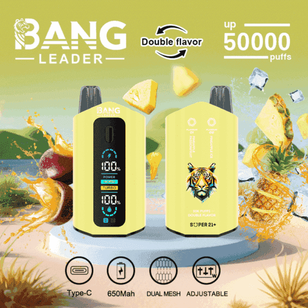 Två gula Bang Leader vape-enheter med digitala displayer, omgivna av bilder av mango, ananas, isbitar och tropiska stänk, som framhäver funktioner som dubbel smak, upp till 50 000 bloss, Type-C-laddning, 650 mAh batteri, dubbla mesh och justerbara inställningar.