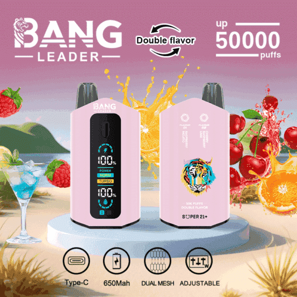 Annons för BANG Leader engångsvape-enheter i rosa, med dubbla smaker, upp till 50 000 bloss, Type-C-laddning, 650mAh batteri, dubbla mesh, justerbara inställningar och omgiven av frukt och tropiska drycker.
