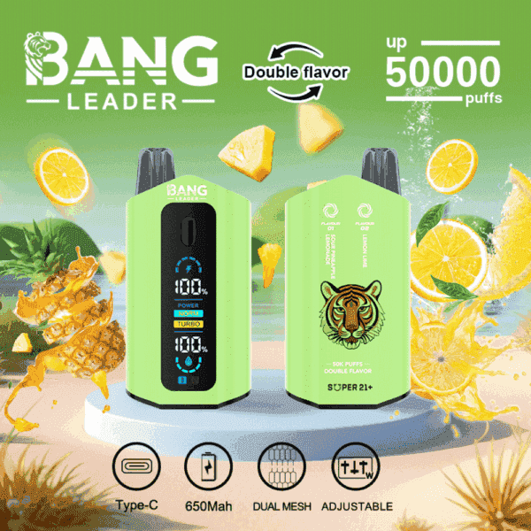 Kampanjbild för BANG LEADER engångsvape med två gröna enheter med digitala displayer och en tigerlogotyp, som framhäver dubbel smak, upp till 50 000 puffar, Type-C-laddning, 650mAh batteri, dubbla mesh och justerbara inställningar, mot bakgrund av ananas, citron och fruktskivor.