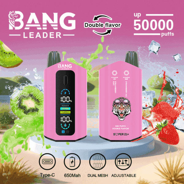 Färgglad reklam för BANG Leader vape-enheter i rosa, med dubbel smak, upp till 50 000 puffar, bilder av kiwi och jordgubbar, och ikoner som visar Type-C-laddning, 650 mAh batteri, dubbla mesh och justerbara inställningar.