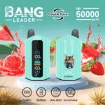 Bang Leader engångsvape-enheter med digital display, med upp till 50 000 puffar, dubbla smakalternativ, en tigerillustration och bilder av vattenmelon och jordgubbar i bakgrunden.