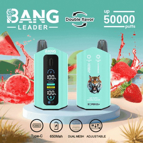 Bang Leader engångsvape-enheter med digital display, med upp till 50 000 puffar, dubbla smakalternativ, en tigerillustration och bilder av vattenmelon och jordgubbar i bakgrunden.