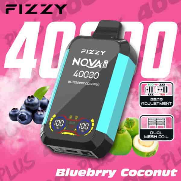 Image promotionnelle du vape jetable Fizzy NQVA Plus au goût de myrtille et de noix de coco, comprenant le dispositif de vape, des illustrations de myrtilles et de noix de coco, ainsi que des points forts pour le réglage de la vitesse et une bobine à double maille sur fond rose avec le texte ' 4000 PUFF '.