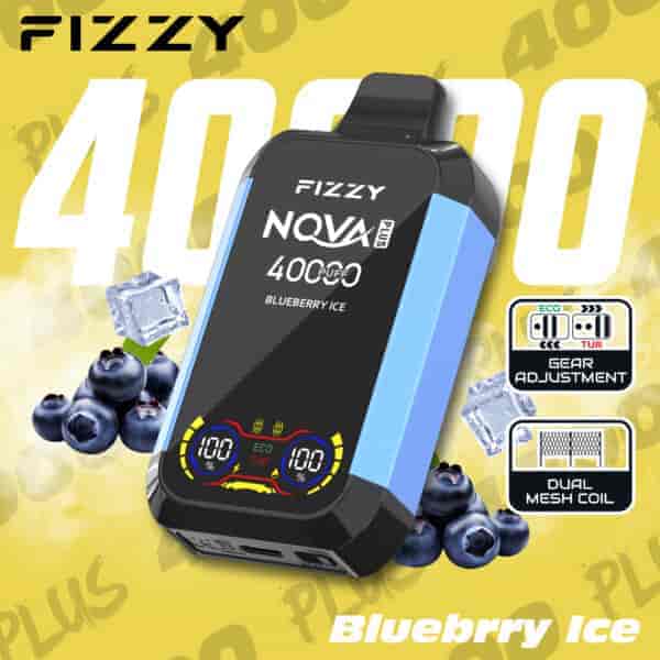 Image promotionnelle du vape jetable Fizzy NQVA Plus avec glace aux bleuets, présentant le produit, les bleuets, les glaçons et les points forts pour 4 000 bouffées, le réglage de la vitesse et la bobine à double maille.