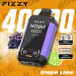 Image promotionnelle de l'appareil de vape Fizzy NQVA Plus au goût raisin-lime, comprenant un appareil violet et noir avec un écran LED, entouré de graphiques raisin et citron vert, et un texte mettant en évidence 4000 bouffées, un réglage de vitesse et des fonctionnalités de bobine à double maille.