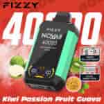 Appareil de vape FIZZY NQVA Plus en menthe et noir avec un affichage numérique, présentant des saveurs de kiwi, de fruit de la passion et de goyave, et mettant en évidence le réglage de la vitesse, une bobine à double maille et 400 bouffées sur fond rouge.