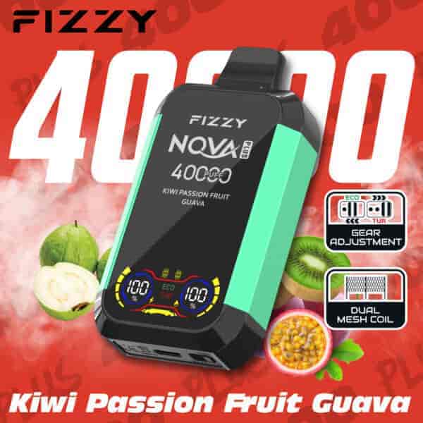 Appareil de vape FIZZY NQVA Plus en menthe et noir avec un affichage numérique, présentant des saveurs de kiwi, de fruit de la passion et de goyave, et mettant en évidence le réglage de la vitesse, une bobine à double maille et 400 bouffées sur fond rouge.