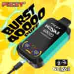 Publicité de marque Fizzy du dispositif de vape jetable NOVA Plus au goût fraise kiwi, présentant un design bleu sarcelle et noir, un affichage numérique, un chargement USB et promouvant 40 000 bouffées avec les modes ECO et TUR sur un fond jaune éclatant.