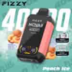 Image promotionnelle pour la vape jetable FIZZY NQVA Plus Peach Ice avec 40 000 bouffées, réglage de la vitesse, bobine à double maille et tranches de pêche et glaçons illustrés.
